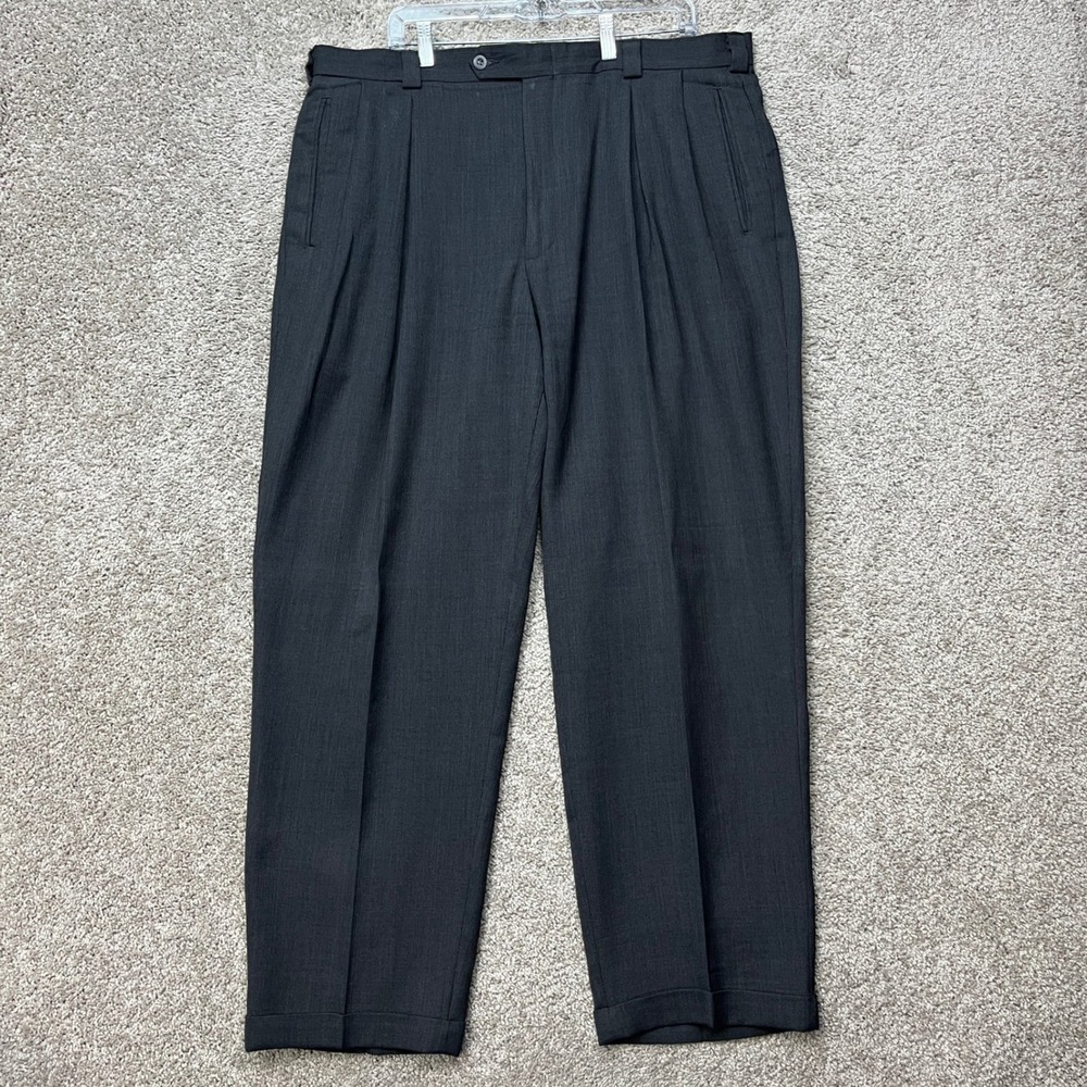 Slates Dress Pants Mens 40x32 Charcoal Gray Double Pleated Straight Leg Wool EUC